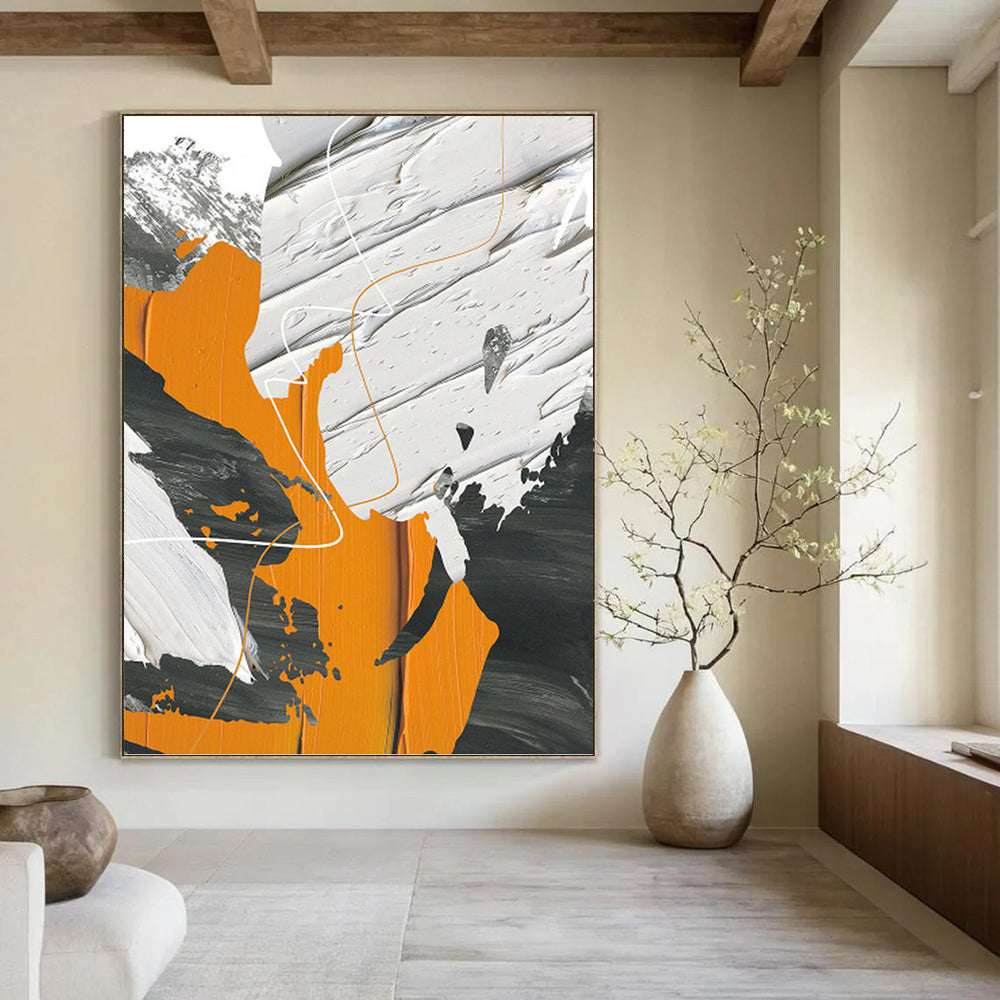 “Orange, Gray, and White Abstract” - Modern, Geometric - Styled Painting On Canvas PT1528
