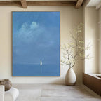 “Pale Blue Distant Sailboat” - Minimalist Maritime Painting On Canvas PT1879