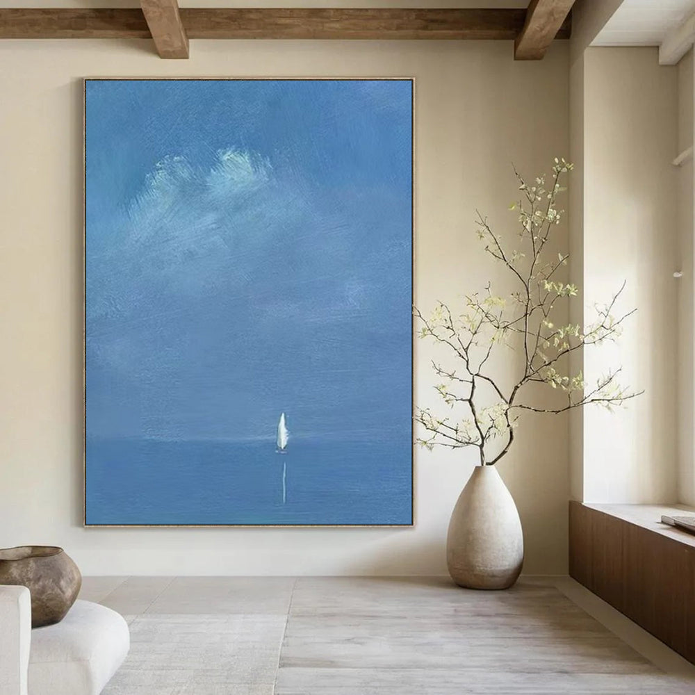 “Pale Blue Distant Sailboat” - Minimalist Maritime Painting On Canvas PT1879