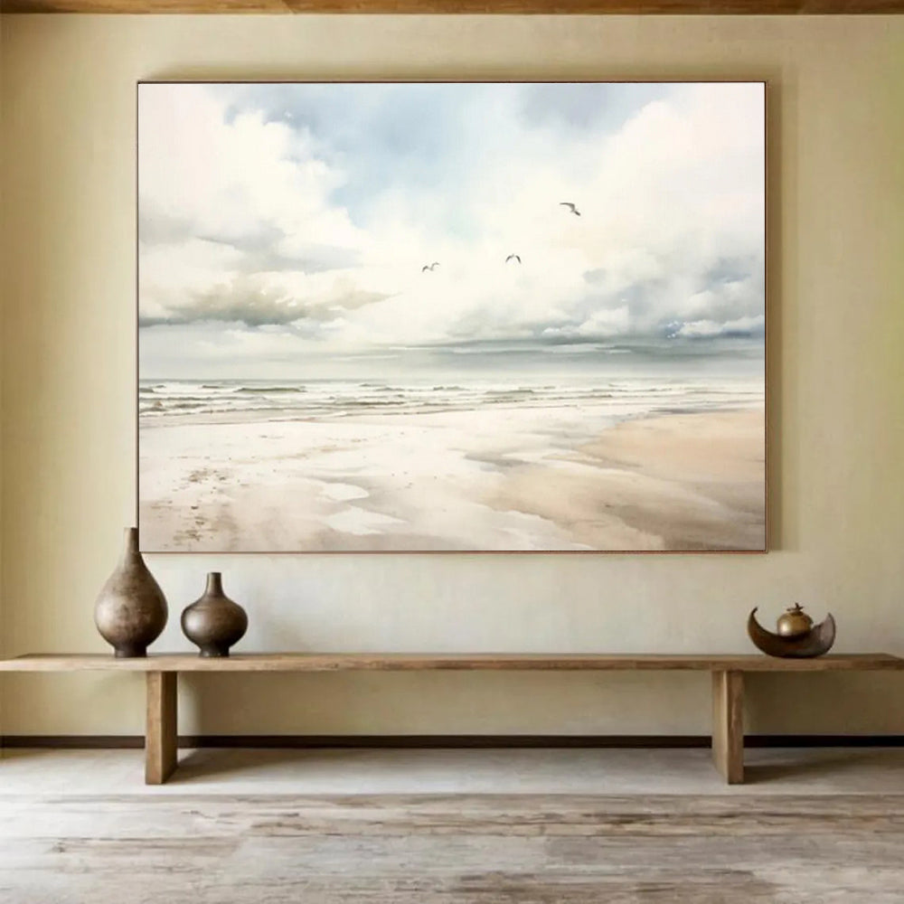 Serene Seaside Watercolor - Realistic Seascape Painting On Canvas DKS320