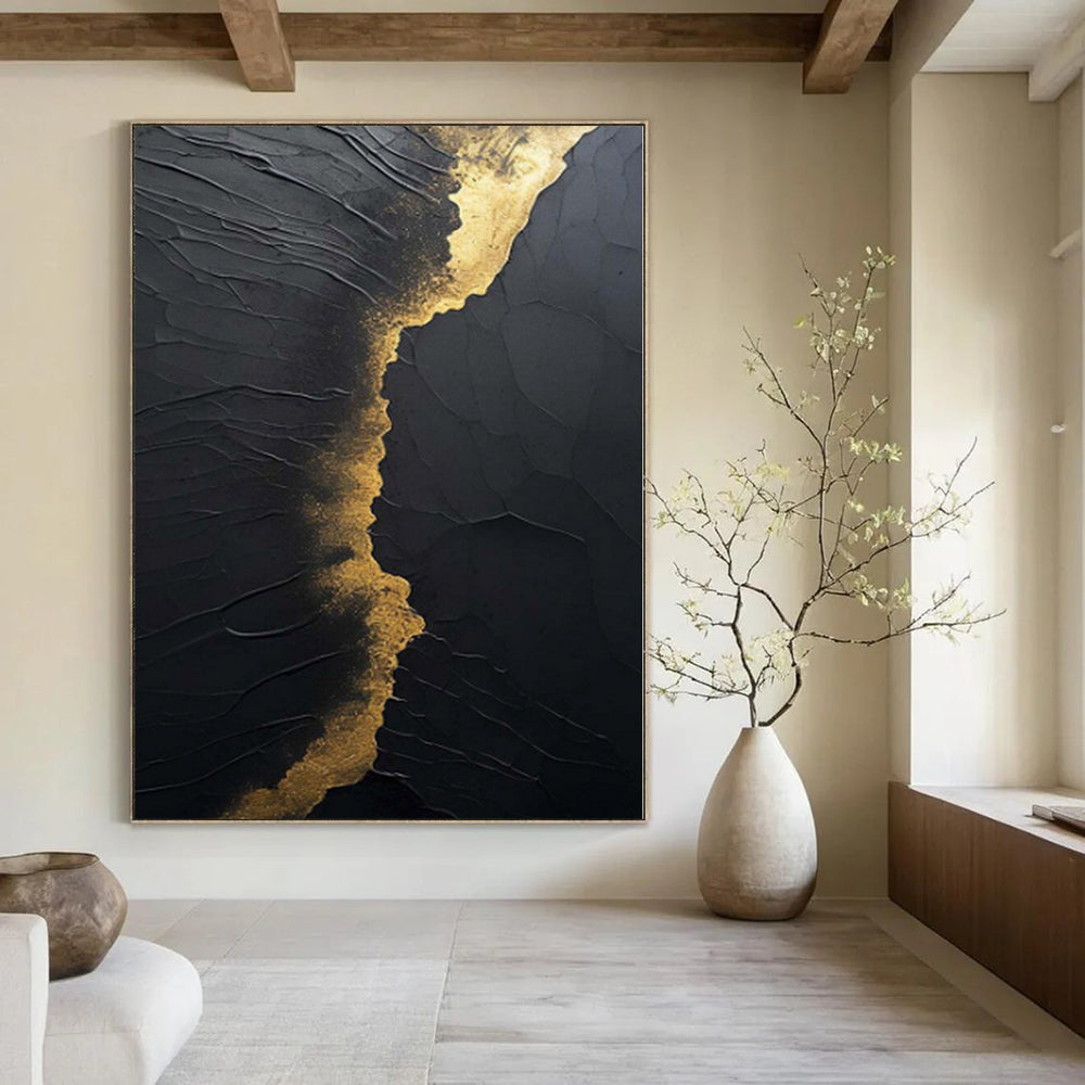 “Black - Gold Textured Abstract” - Luxe Abstract Painting On Canvas PS0167