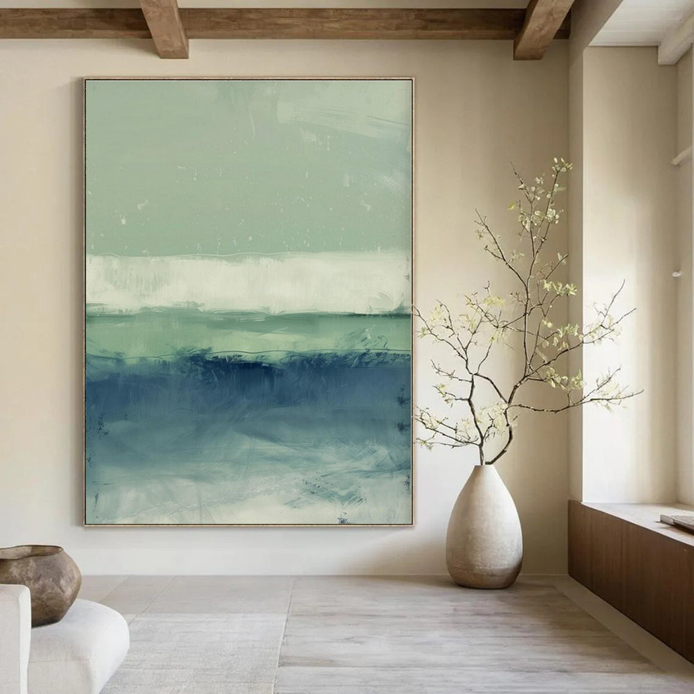 Green, Blue, White with Horizontal Bands "Coastal Layers" Abstract Painting On Canvas PS1378
