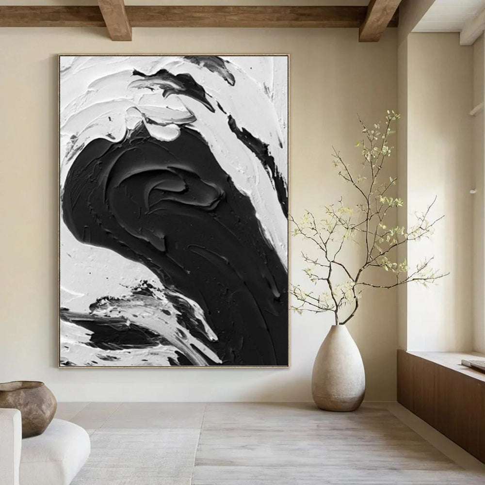 “Bold Black - White Textured Swirl” - Abstract, Graphic - Styled Painting On Canvas PT1679