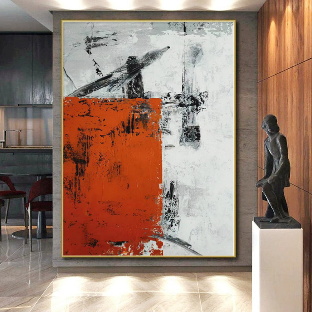 “Orange - Grey Abstract Textured Rectangle” - Rustic Abstract Painting On Canvas PS0332