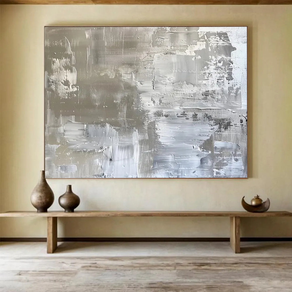 “Silver and Gray Textured Abstract” - Industrial Abstract Painting On Canvas PT104