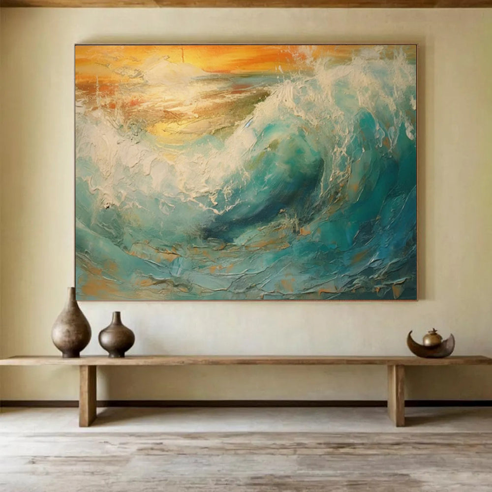 “Textured Ocean Wave at Sunset” Impasto Seascape Painting On Canvas PT1801