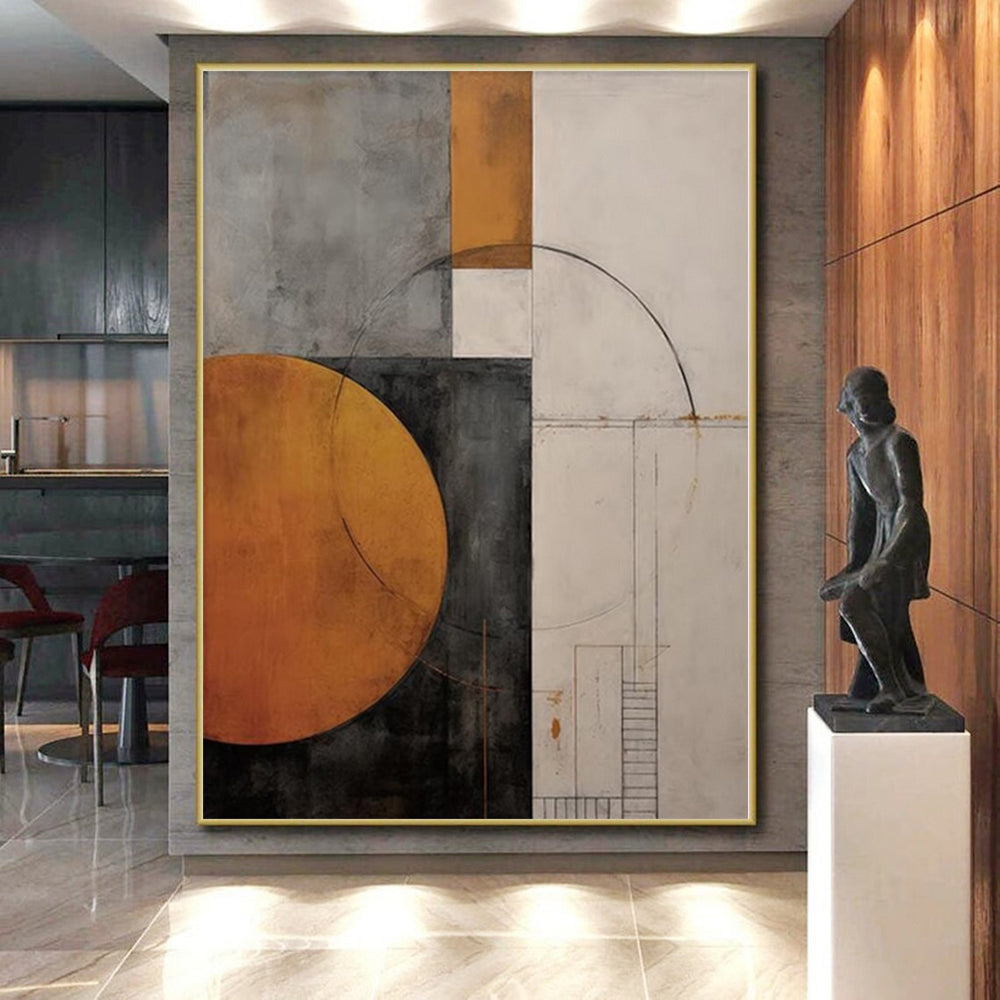 “Geometric Abstract with Warm Circles and Lines” - Constructivist Abstract Painting On Canvas PS0246