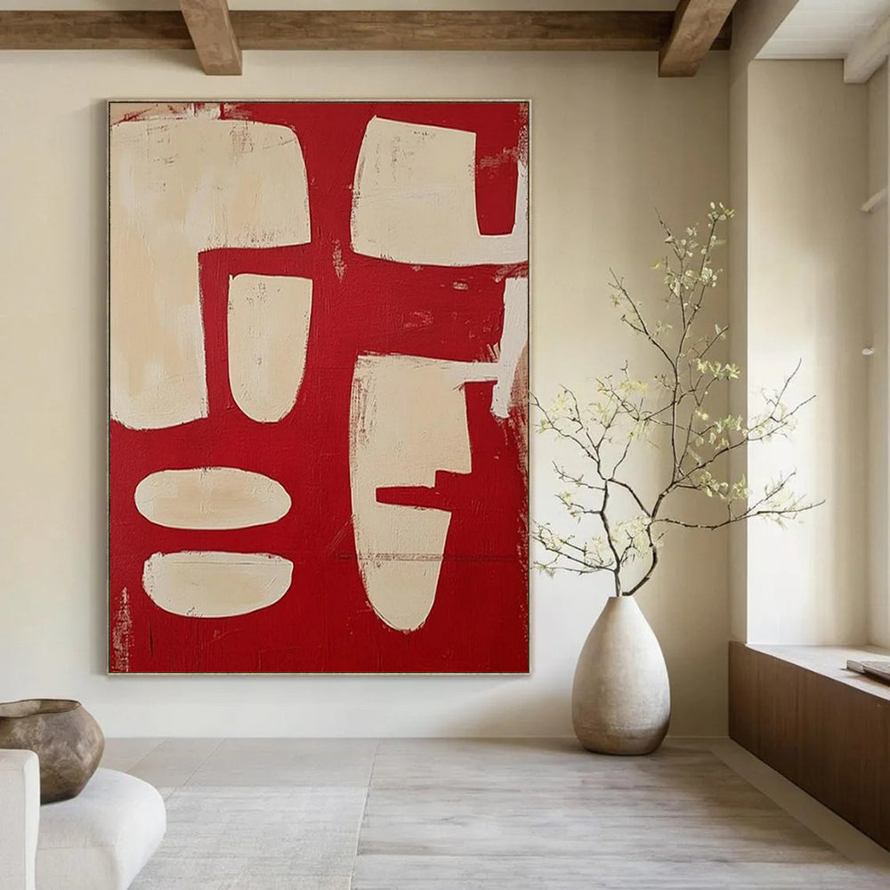 “Red and White Abstract Forms” - Color Field Painting On Canvas PT2367