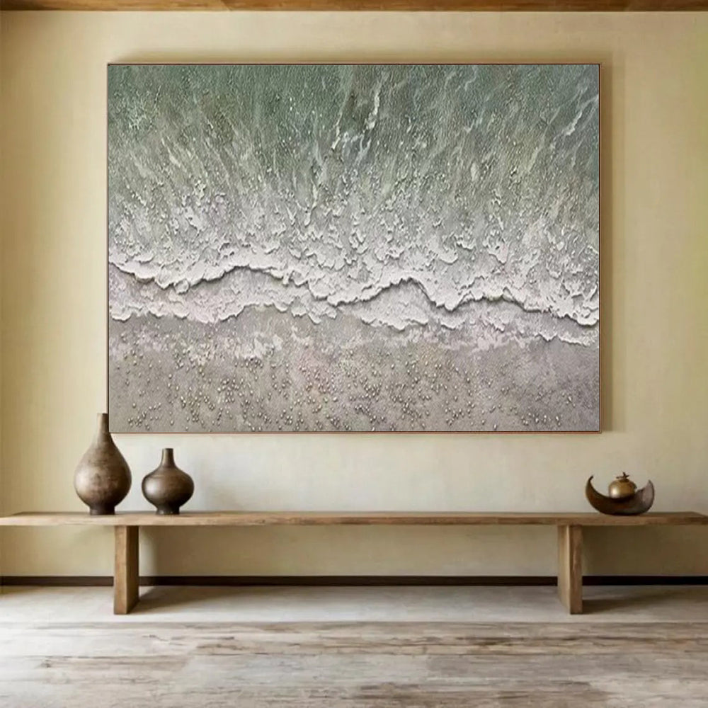 “Green - White Textured Beach” - Aerial Perspective “Wave Ripple” Painting On Canvas PT1667
