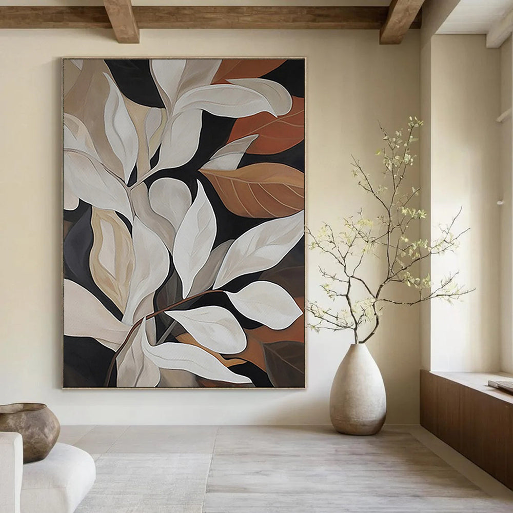 “White - Brown Leafy Composition” - Botanical Abstract Painting On Canvas PT1125