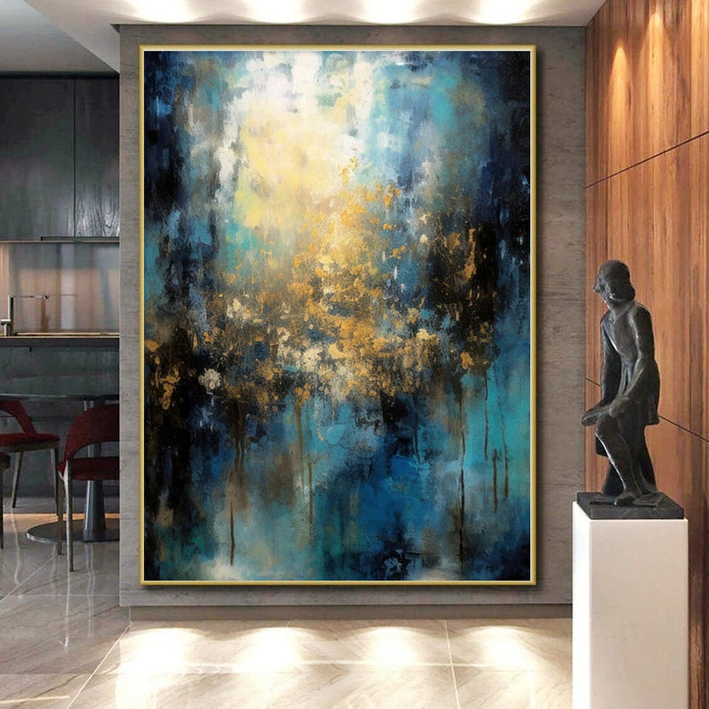 “Teal - Gold Abstract Light” - Teal, Gold, Blue Abstract Painting On Canvas PS0451