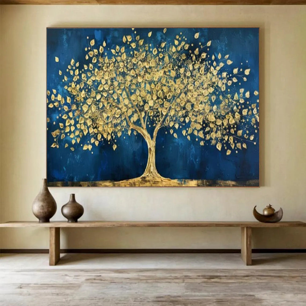 “Gold Tree on Blue” - Rich Gold “Golden Oasis” Painting On Canvas PT1620