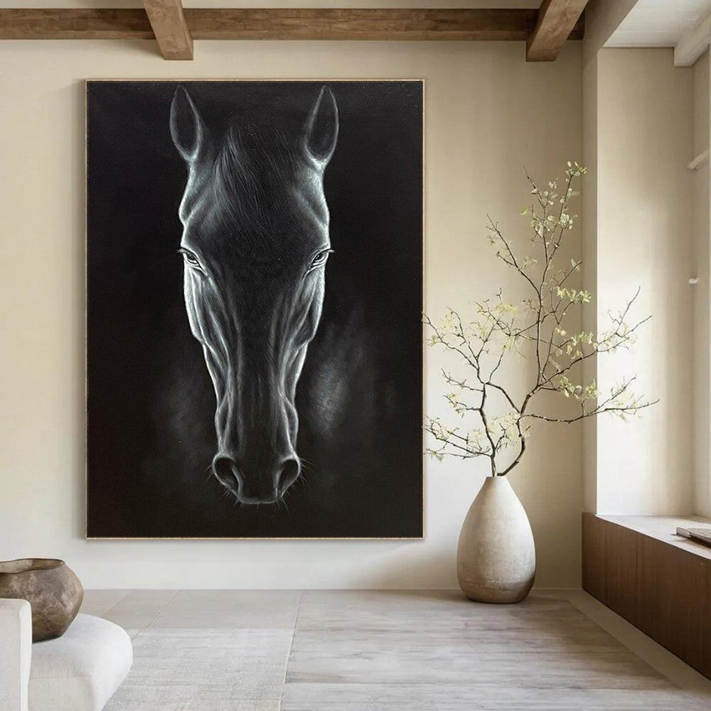“Realistic Black Horse Portrait” - Hyperrealistic Oil Painting On Canvas PT2177