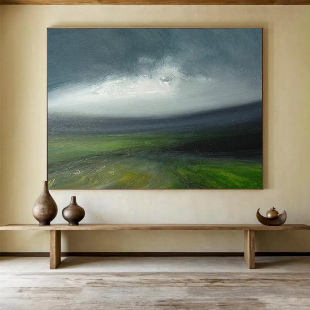 “Moody Green Landscape with a Hint of Blue” - Atmospheric Oil Painting On Canvas PT029