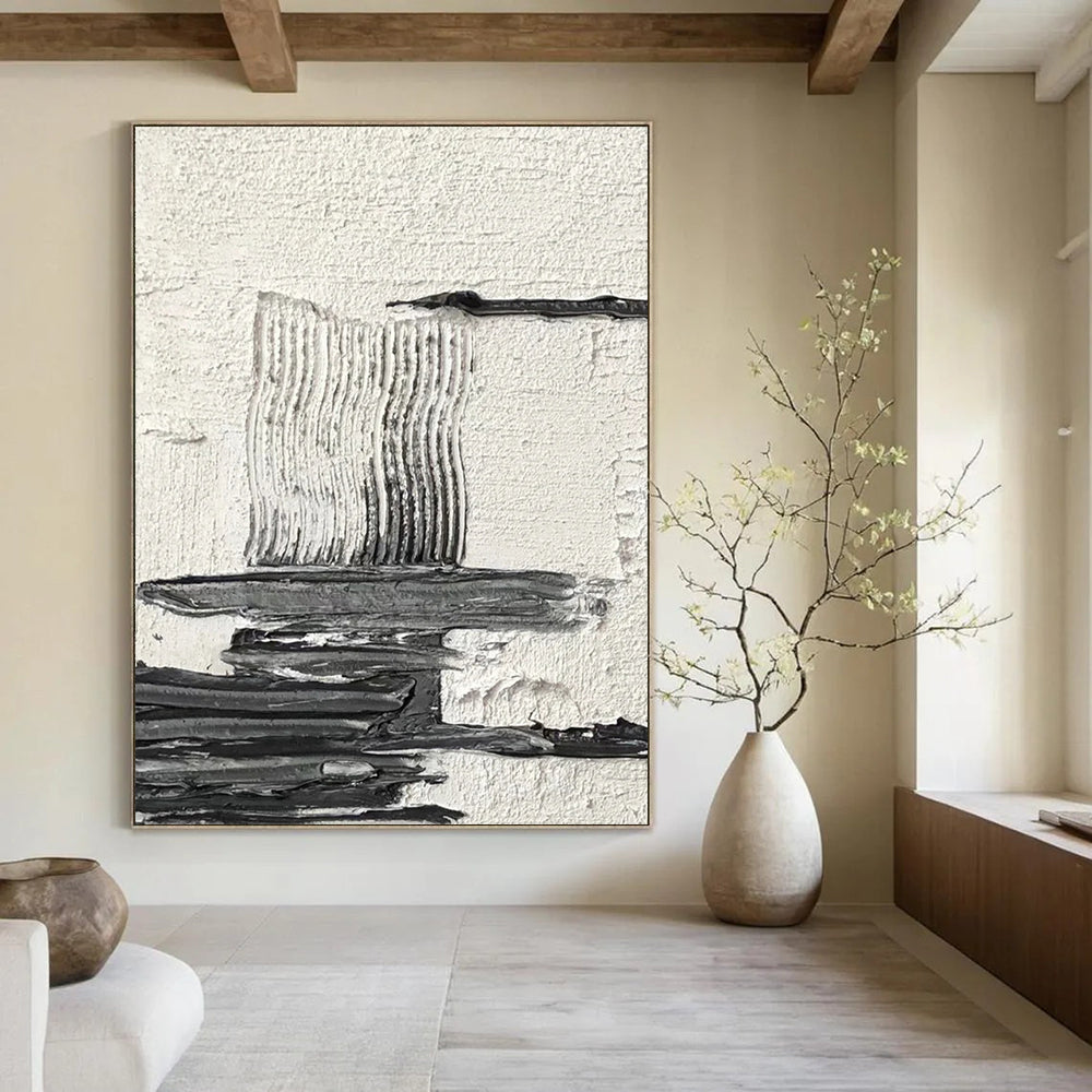 “Textured Black and White Abstract Composition” - Layered Abstract Painting On Canvas DS388