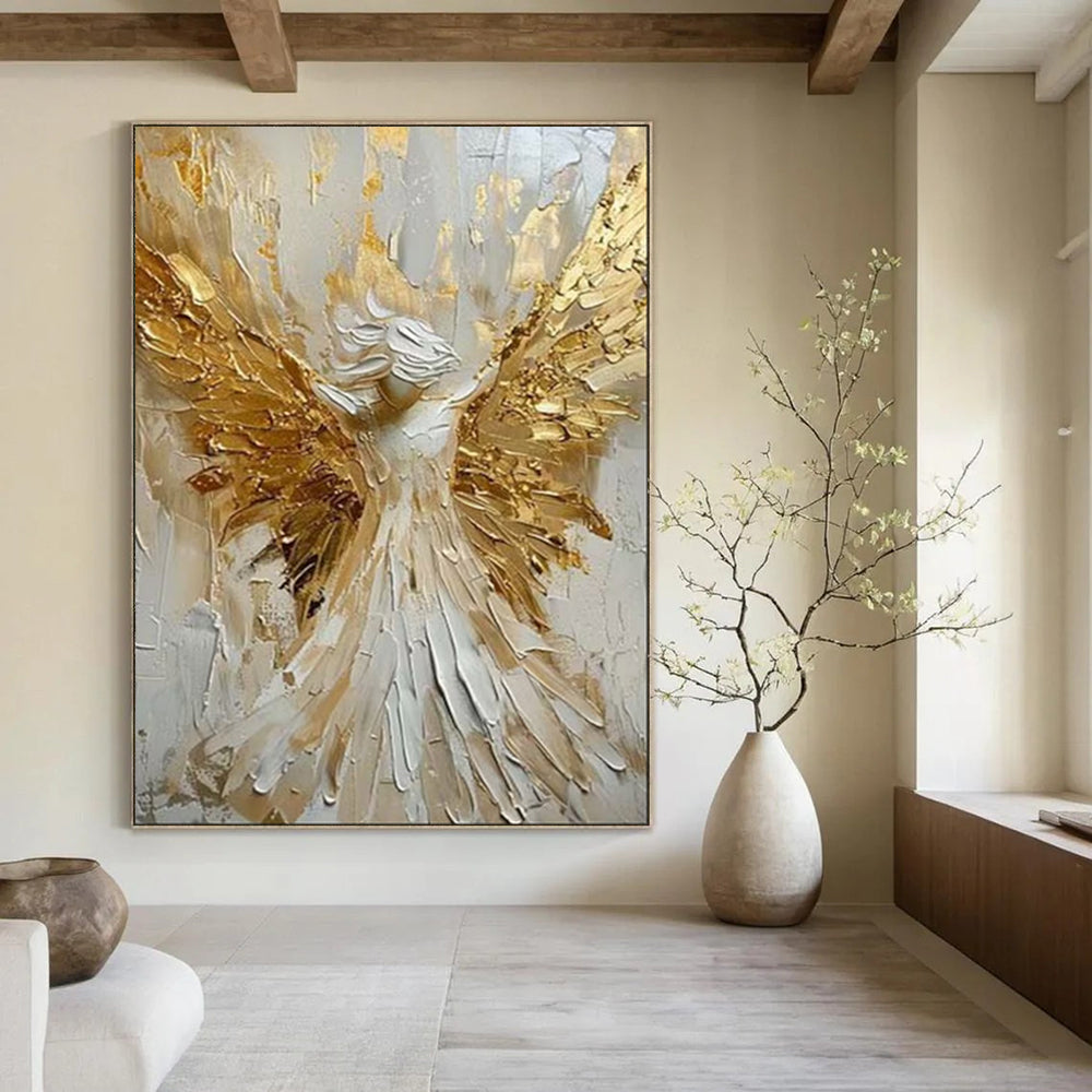 “Textured Angel with Golden Wings” - Impasto Figurative Painting On Canvas PT1908