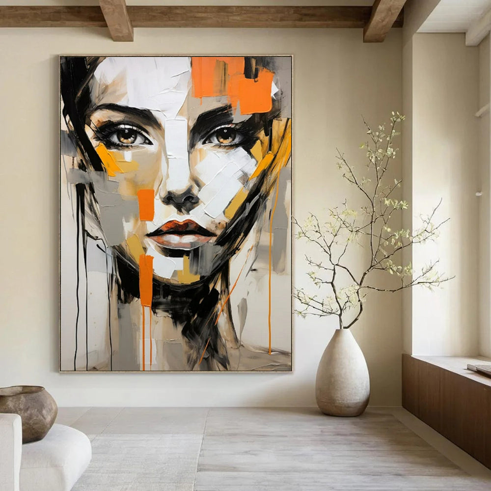 “Abstract Face with Orange Accents” - Contemporary Expressionist Painting On Canvas PT2215