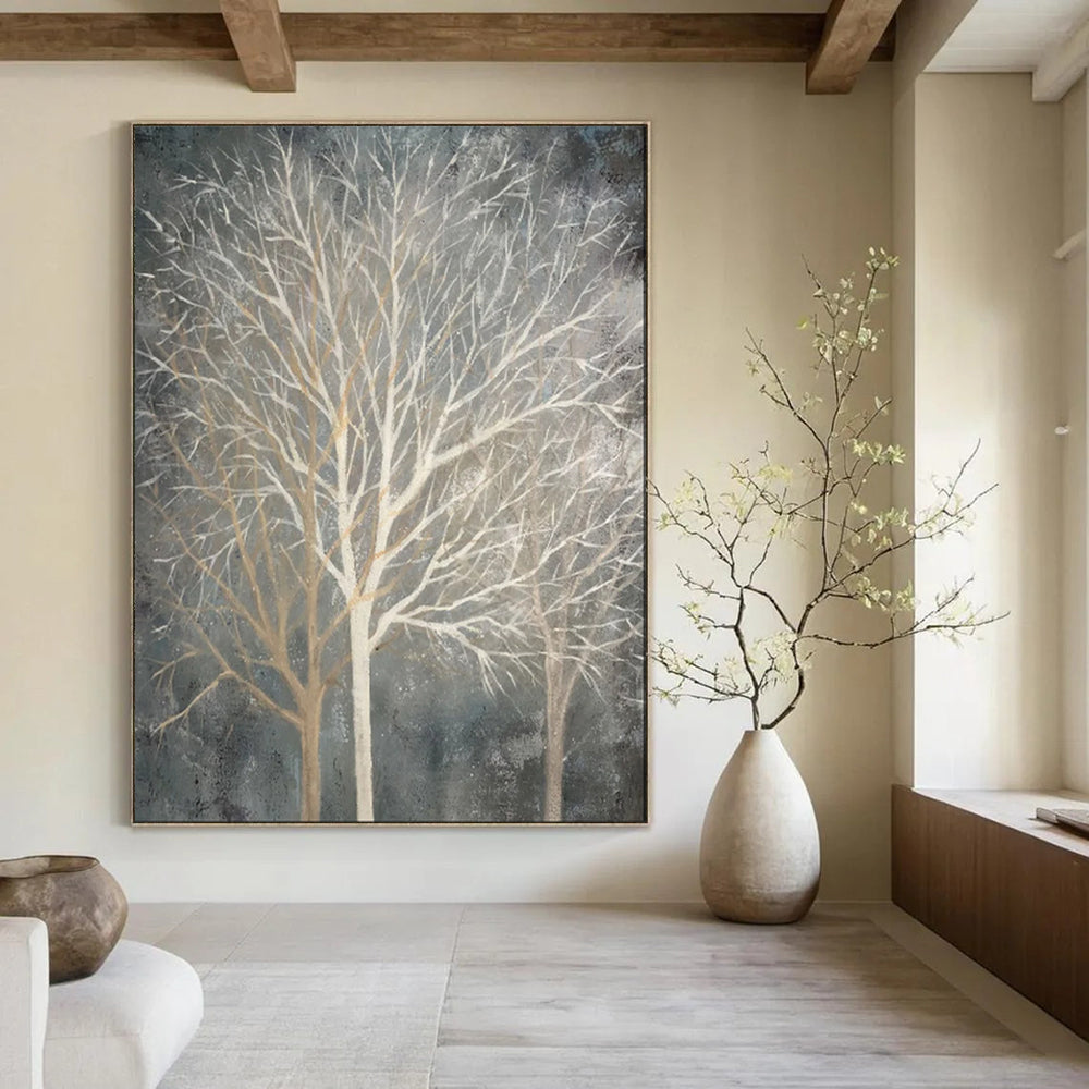 “Gray - Toned Bare Tree Silhouettes” - Abstract Winter Painting On Canvas PT1887