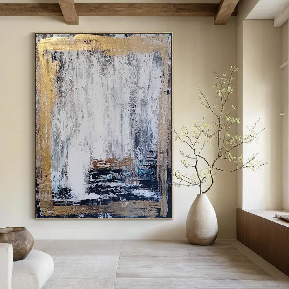 White, Gray, Gold with Textured Background "Gilded Frame" Abstract Painting On Canvas PS1198