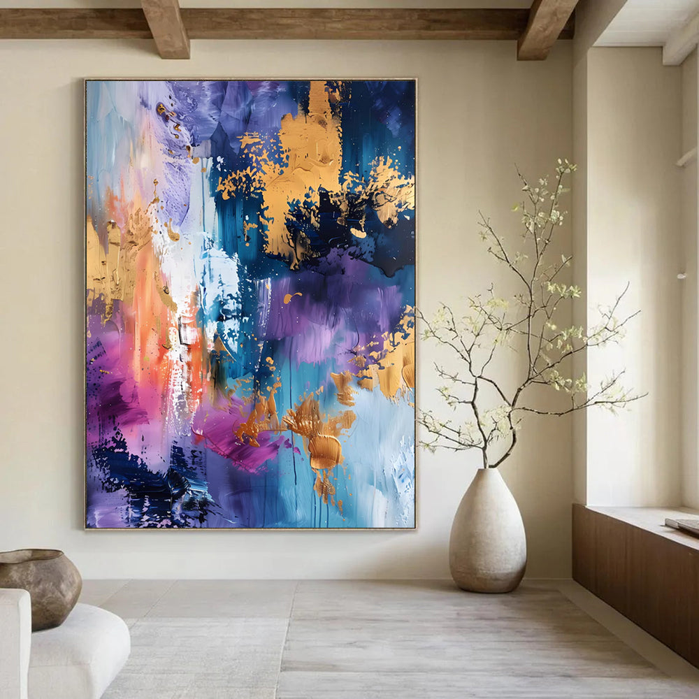 “Purple, Blue & Gold Abstract Splash” - Luxe Abstract Painting On Canvas DS282