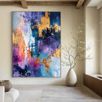 “Purple, Blue & Gold Abstract Splash” - Luxe Abstract Painting On Canvas DS282