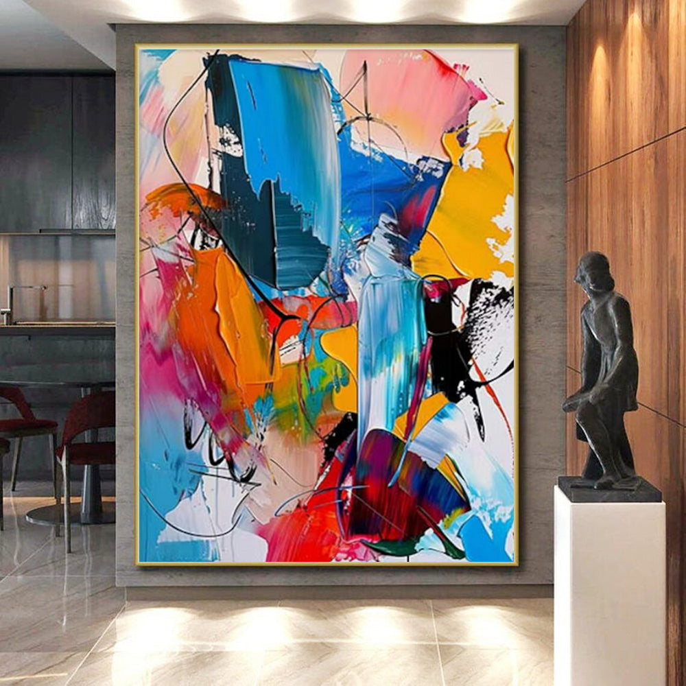 “Colorful Abstract Fusion” - Blue, Pink, Yellow, Orange Abstract Expressionist Painting On Canvas PS0689
