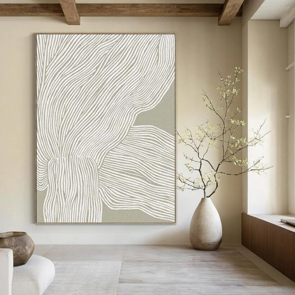 “Grey - White Wavy Lines” - Linear Abstract Painting On Canvas PT1119