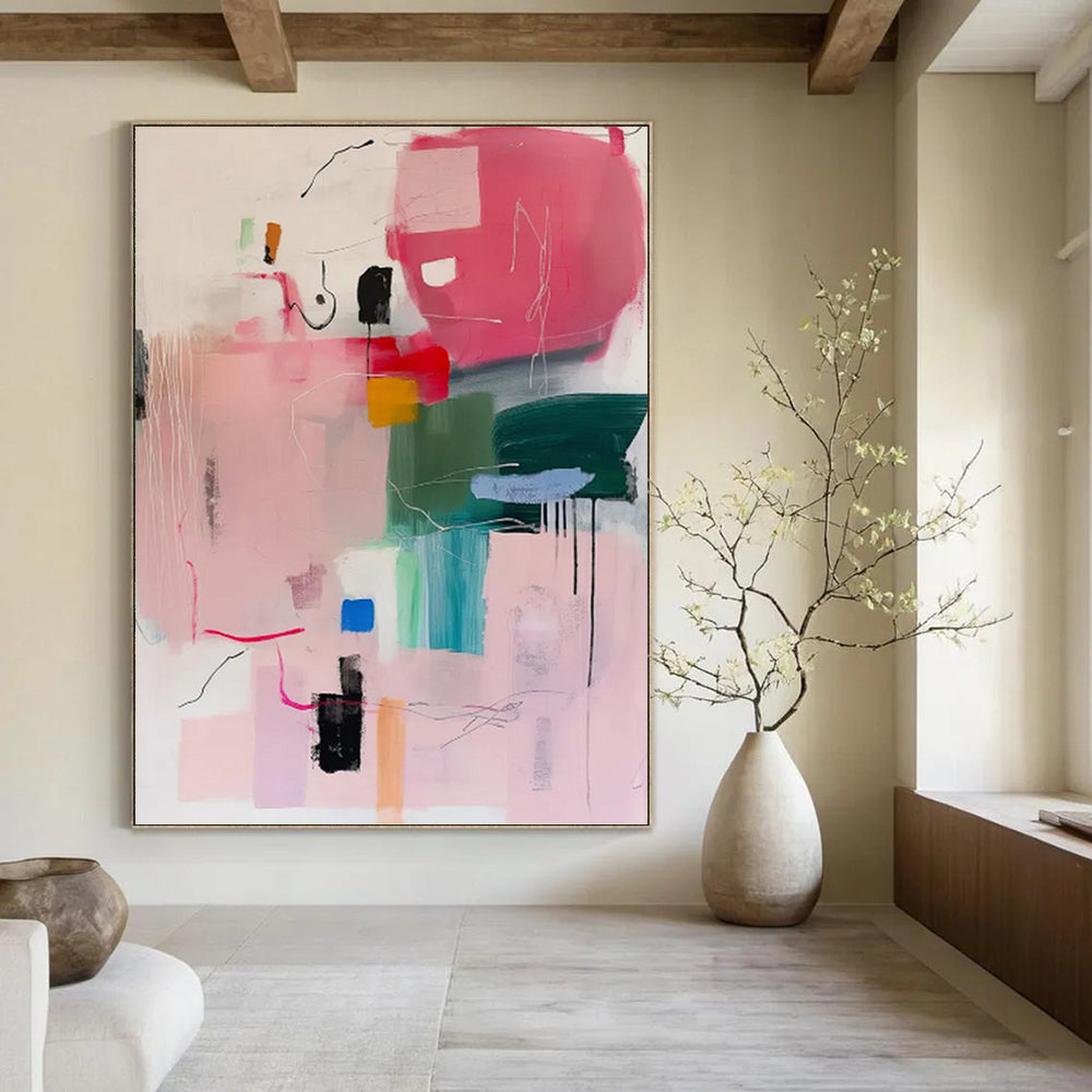 “Pink and Colorful Shapes Abstract” - Energetic Abstract Expressionism On Canvas PT0998