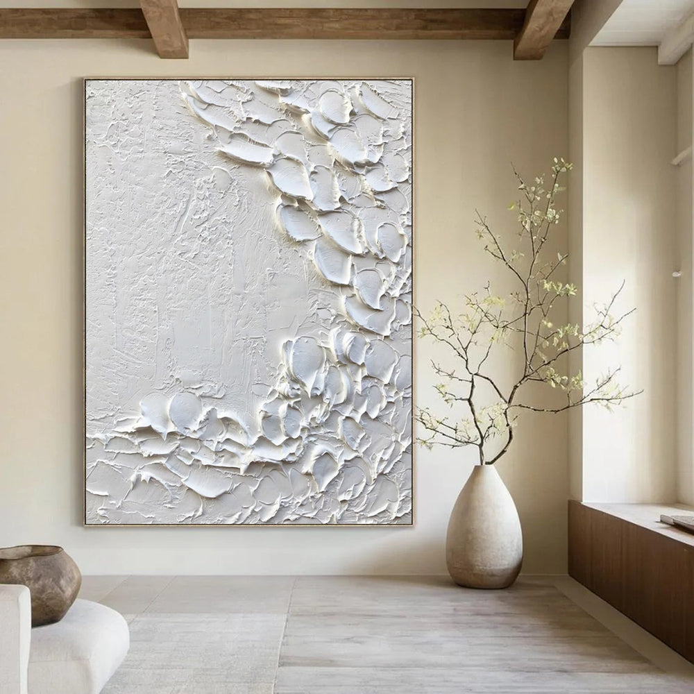 “White Textured Abstract with Petal - like Forms” - Tactile Abstract Painting On Canvas DS373