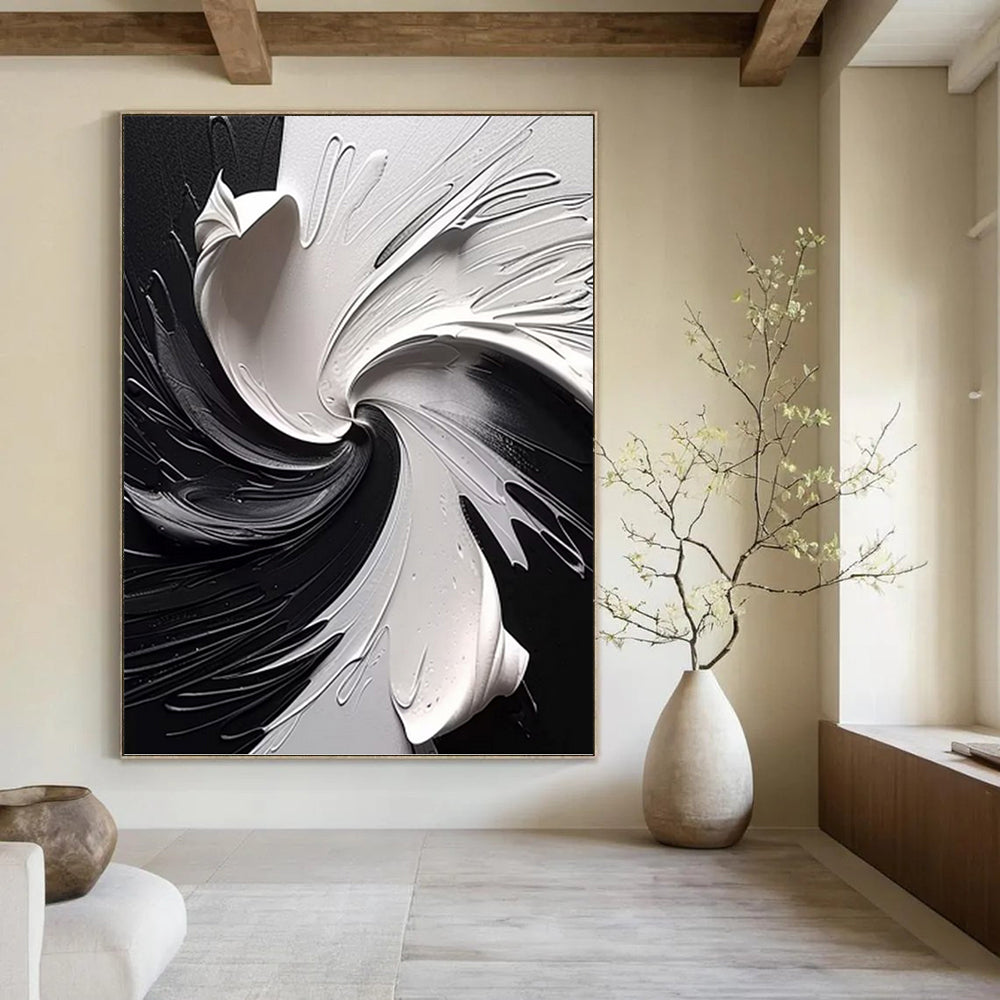 “Black & White Swirling Abstraction” - Dramatic, Monochrome Painting On Canvas PT1474