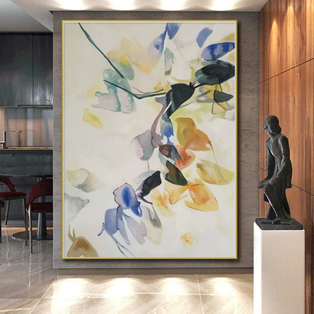 “Colorful Floral Abstraction” - Blue, Yellow, Pink Abstract Painting On Canvas PS0455