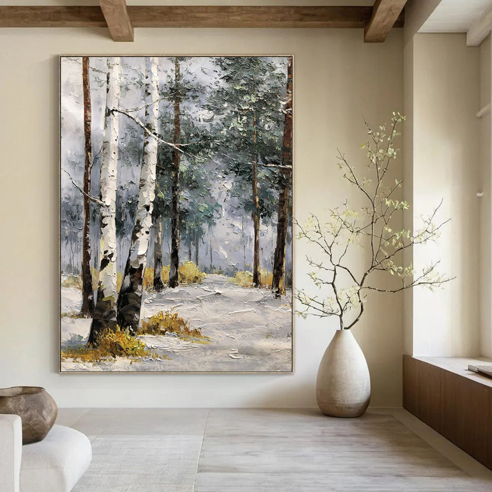 “White - Brown Winter Birch Path” - Impressionist Landscape Painting On Canvas PT1283