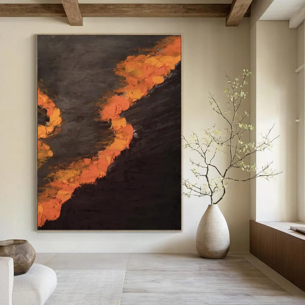 “Black and Orange Flames: Dramatic Abstract” - Bold Expressionistic Art On Canvas PT0961