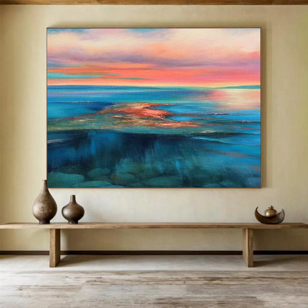 “Vibrant Coastal Sunset in Pinks, Oranges & Blues” - Colorful Seascape Oil Painting On Canvas PT024