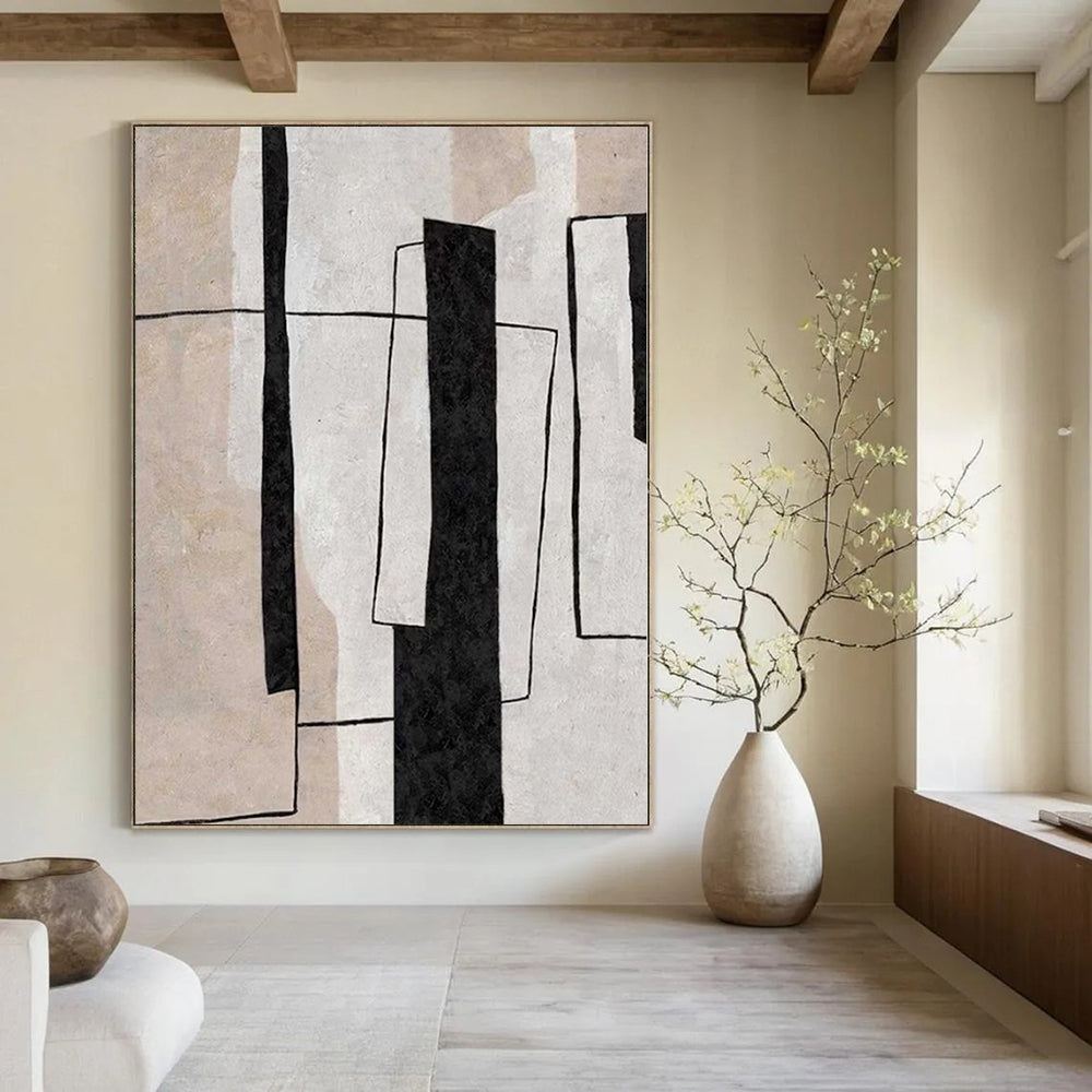 Black, White and Beige with Geometric Overlaps "Structured Unity" Abstract Painting On Canvas PS1159