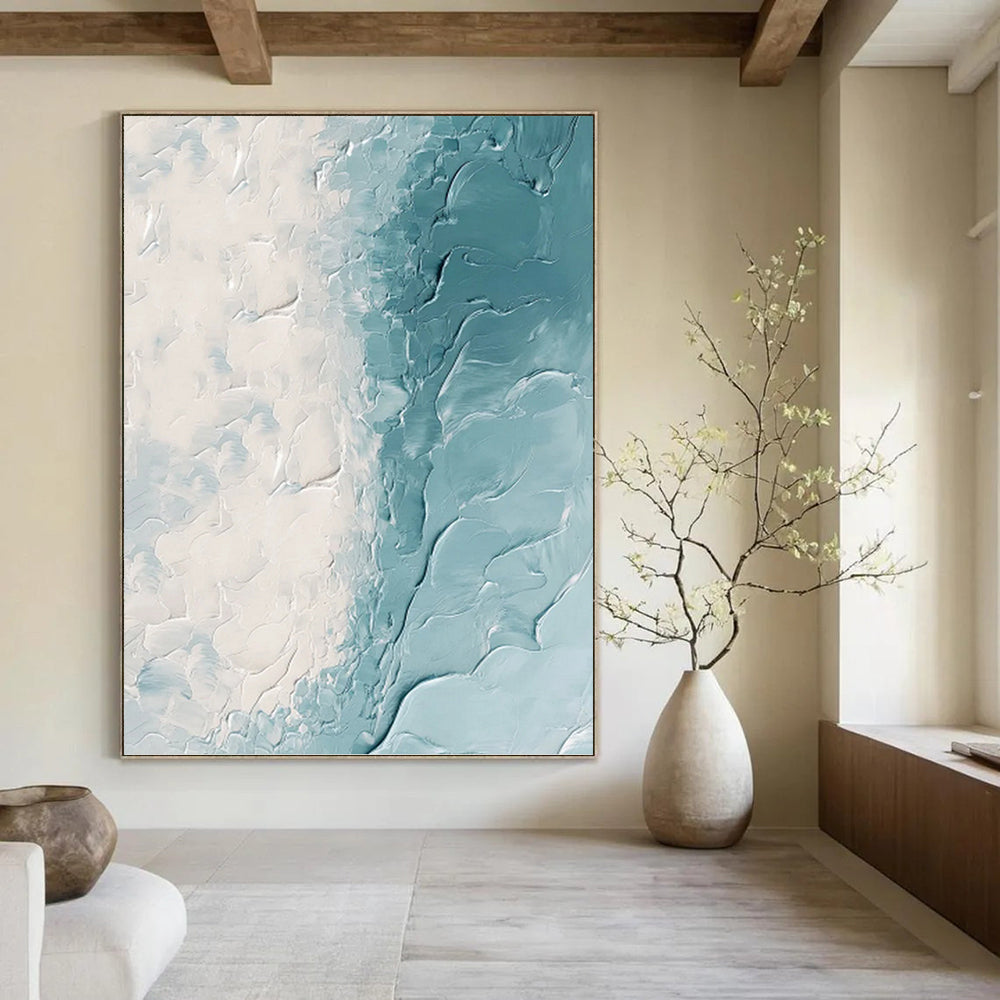 “White - Teal Textured Abstract” - Textured Abstract Painting On Canvas PT1250