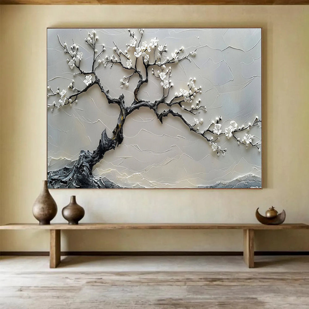 “White Blossom Tree” - Gray, White & Black Textured Tree, 3D Floral Relief Painting On Canvas DKS695