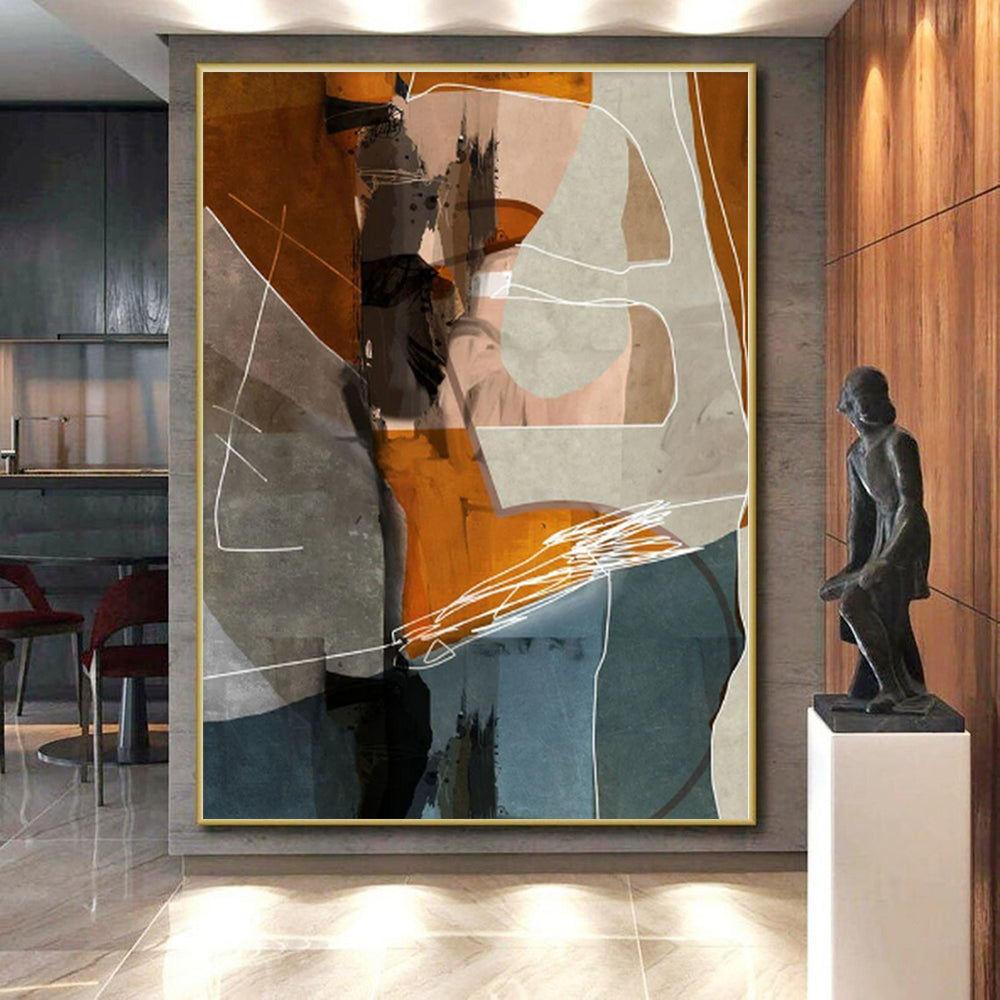 “Orange - Gray Geometric Collage” - Orange, Gray, Blue Abstract Geometric Painting On Canvas PS0567