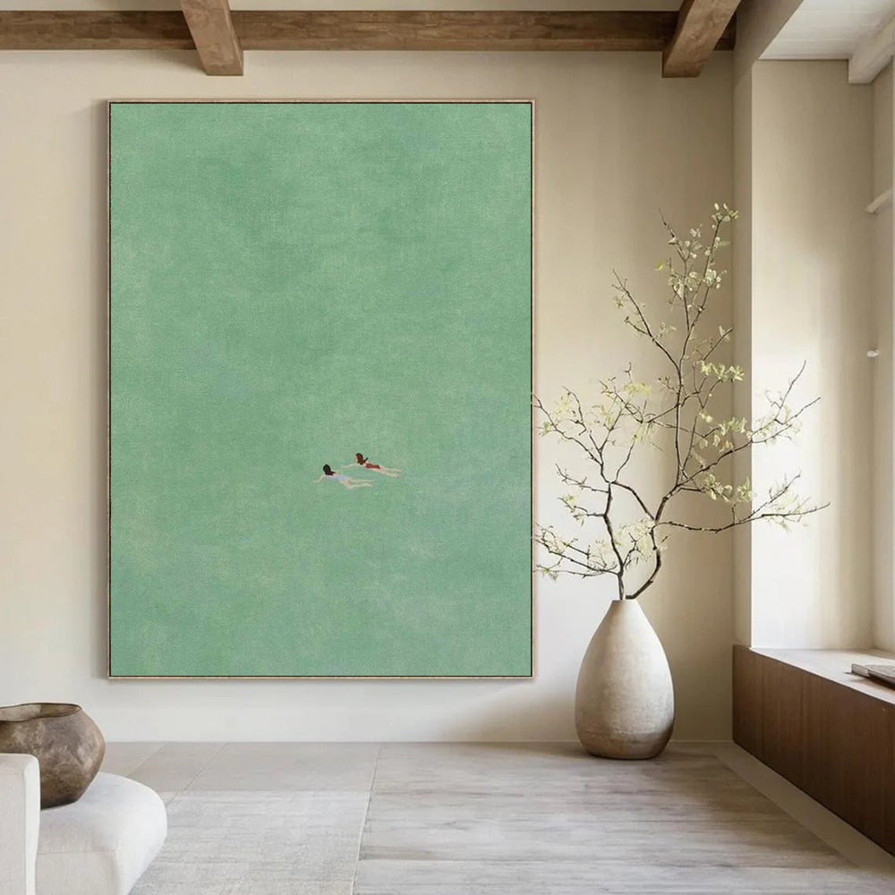 “Two Swimmers in Green” - Minimalist Figurative Painting On Canvas DS305