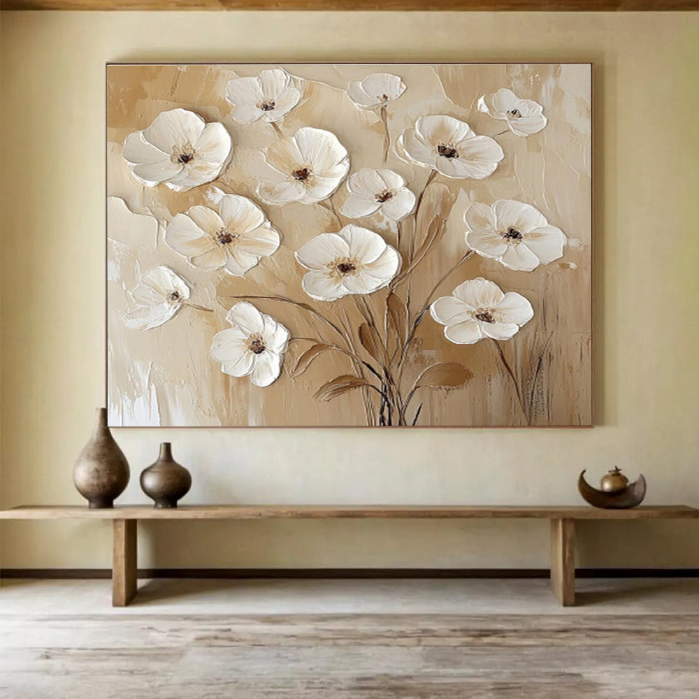 “Beige - White Floral Relief” Painting On Canvas DKS309