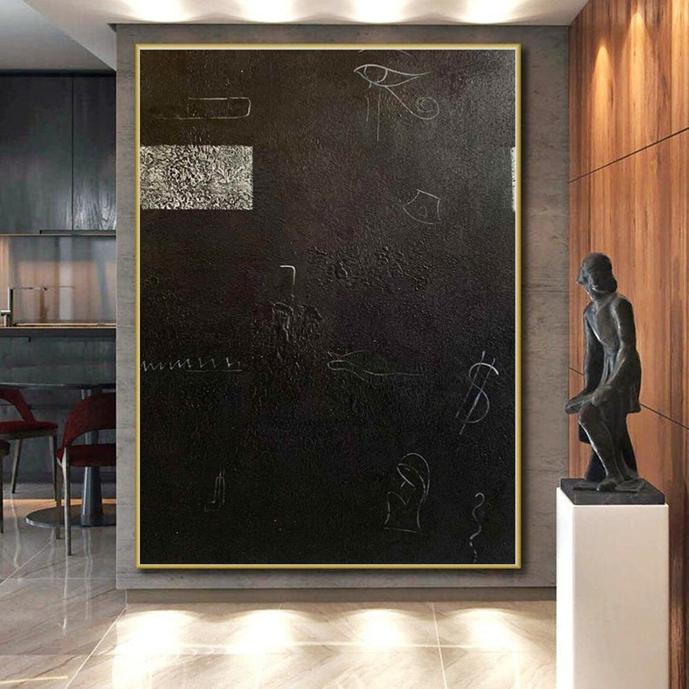 “Black - White Symbolic Abstraction” - Black, White Abstract Painting On Canvas PS0470