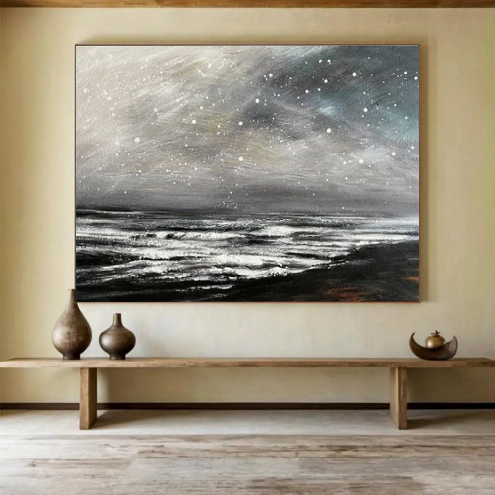 Grey Sky with Snow Over Dark Sea Seascape Painting On Canvas DKS109