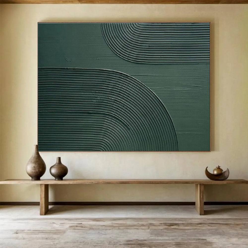 “Textured Green Arcs” - Green Abstract, Tactile Plaster - Style Painting On Canvas DKS752