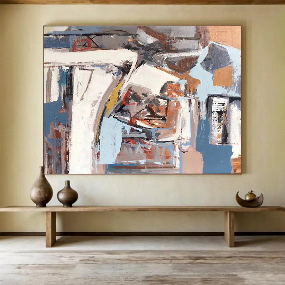 “Abstract Coastal Collage in Blues, Browns & Grays” - Modern Mixed - Media Painting On Canvas PT026
