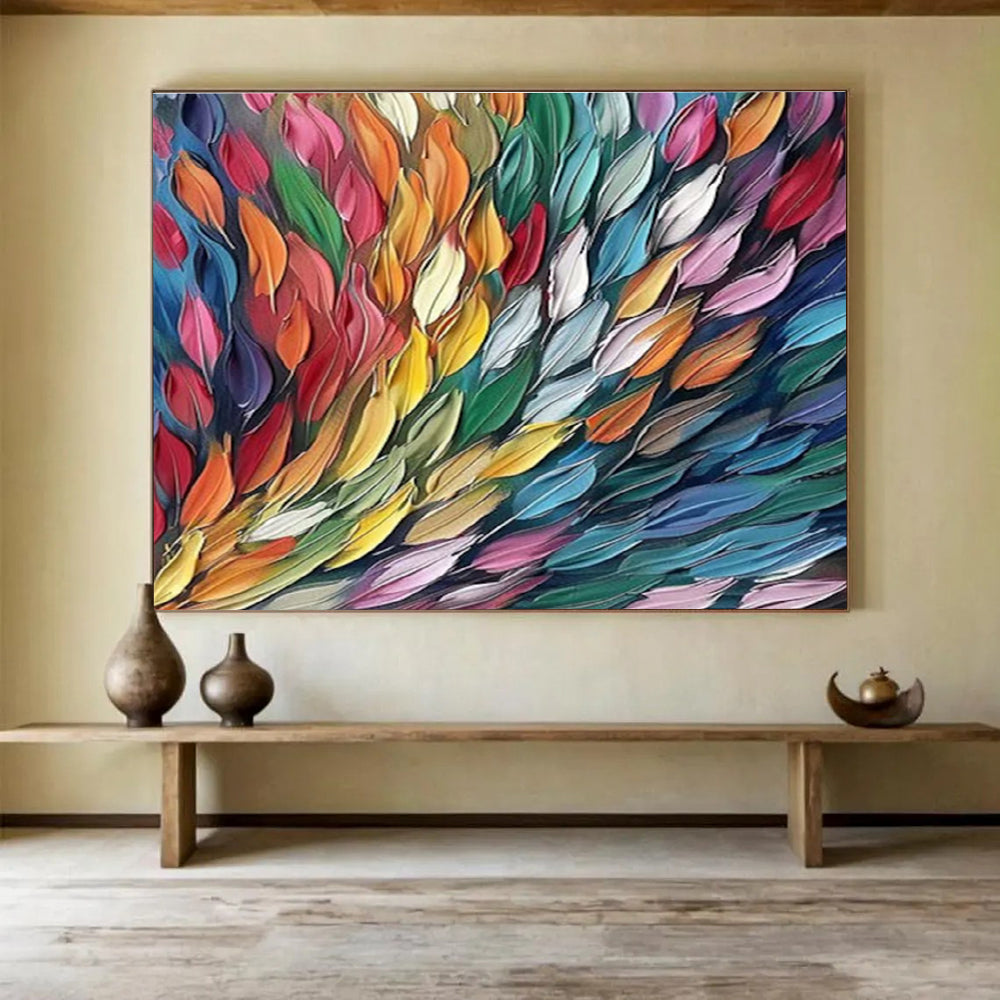“Colorful Feather Cascade” - Rainbow - Hued Abstract Feathers, Textured Acrylic Painting On Canvas DKS689