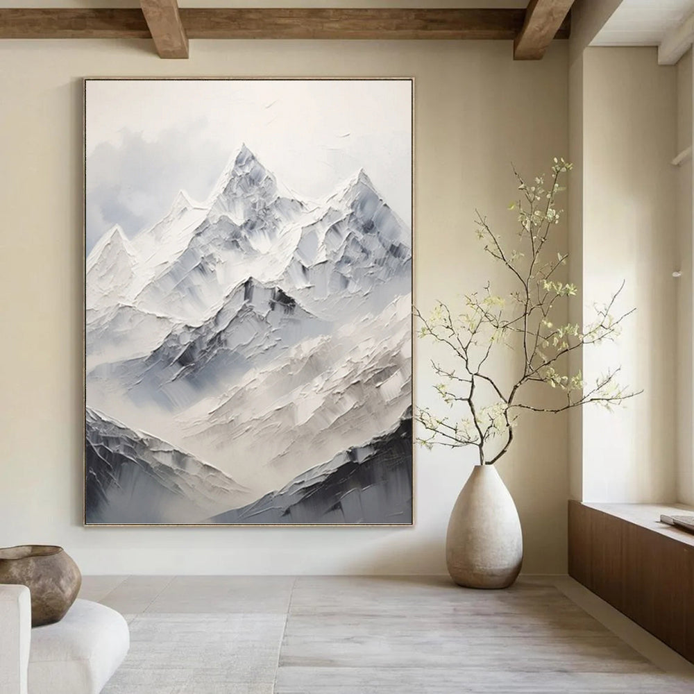 “White - Grey Mountain Abstract” - Impasto Landscape Painting On Canvas PT1248