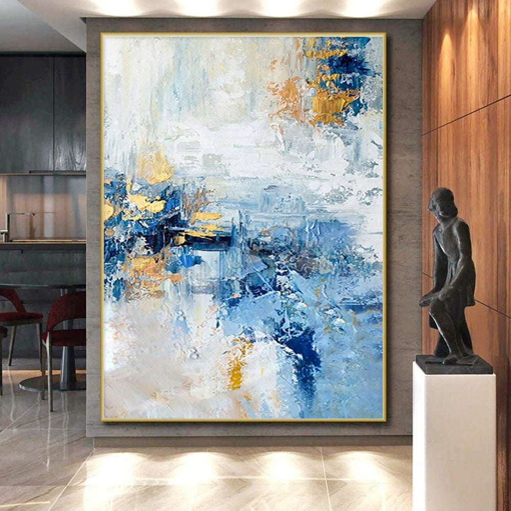 “Blue - Gold Abstract Fusion” - Blue, White, Gold Abstract Expressive Painting On Canvas PS0643