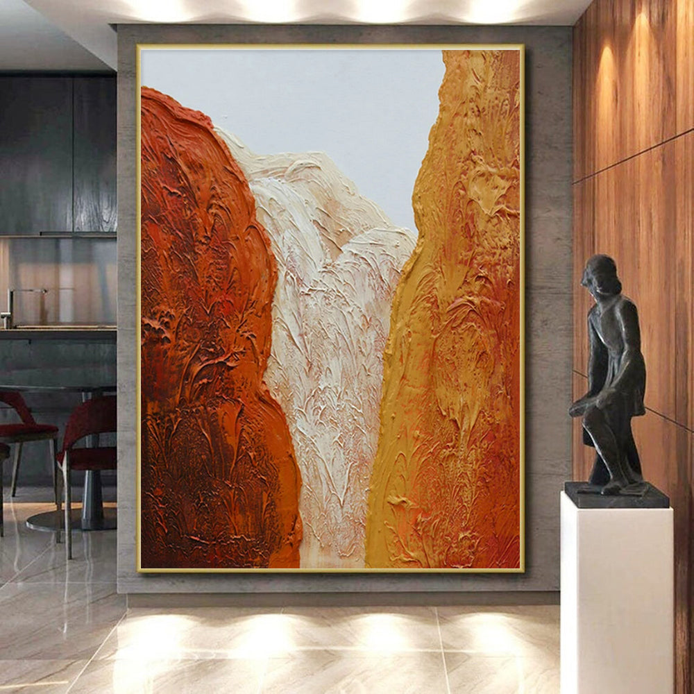 “Textured Mountain Peaks” - Orange, Red, Beige Abstract Landscape Painting On Canvas PS0648