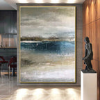 “Muted Coastal Landscape” - Blue, Gray, Beige Abstract Coastal Painting On Canvas PS0590
