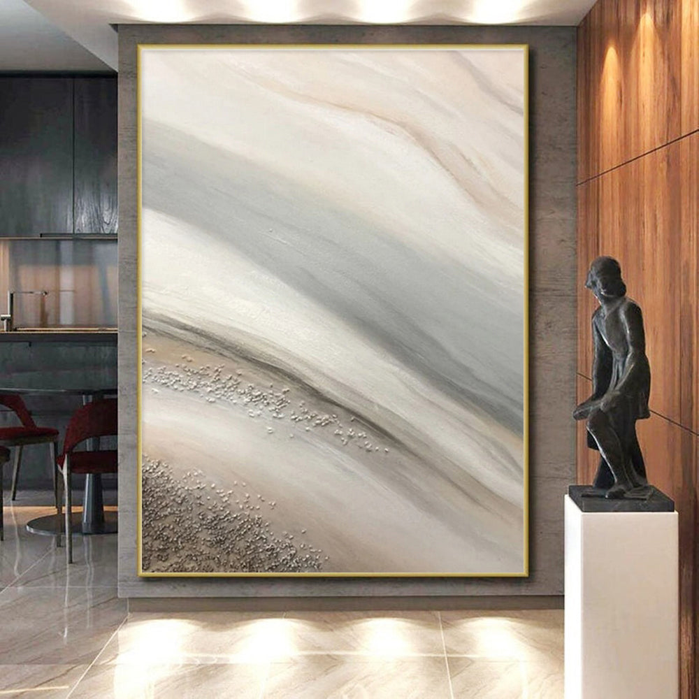 “Soft Silver - Beige Flow” - Silver, Beige, Gray Abstract Fluid Painting On Canvas PS0652